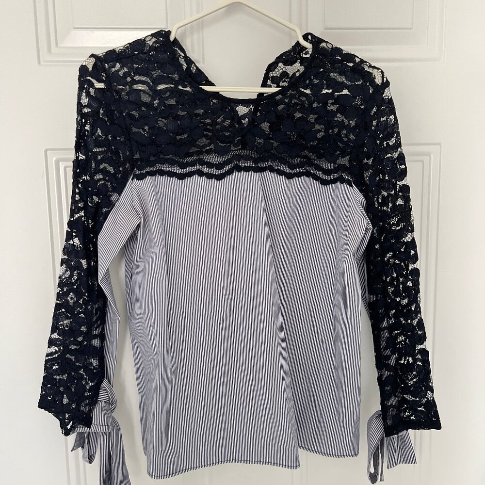 Lace Bow Tie Navy Strip Blouse